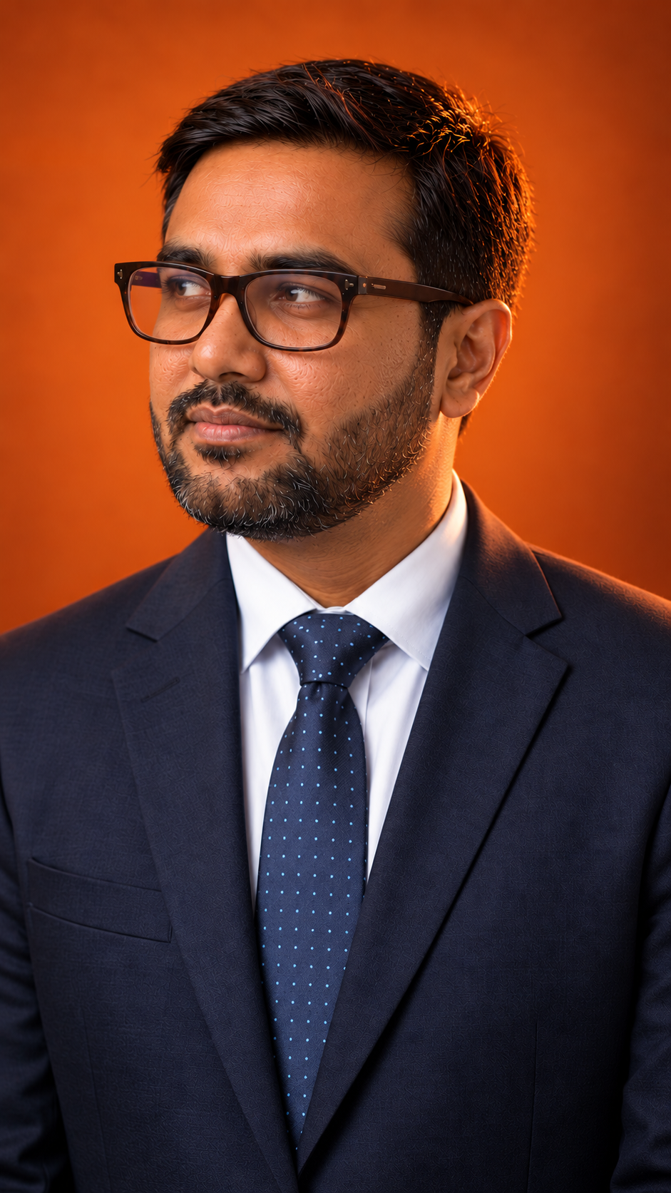 Alif Meherab in a suit against an orange background
